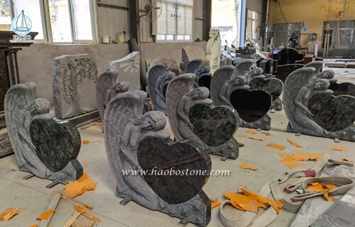 Natural Granite Angel Holding Heart Memorial Tombstone.